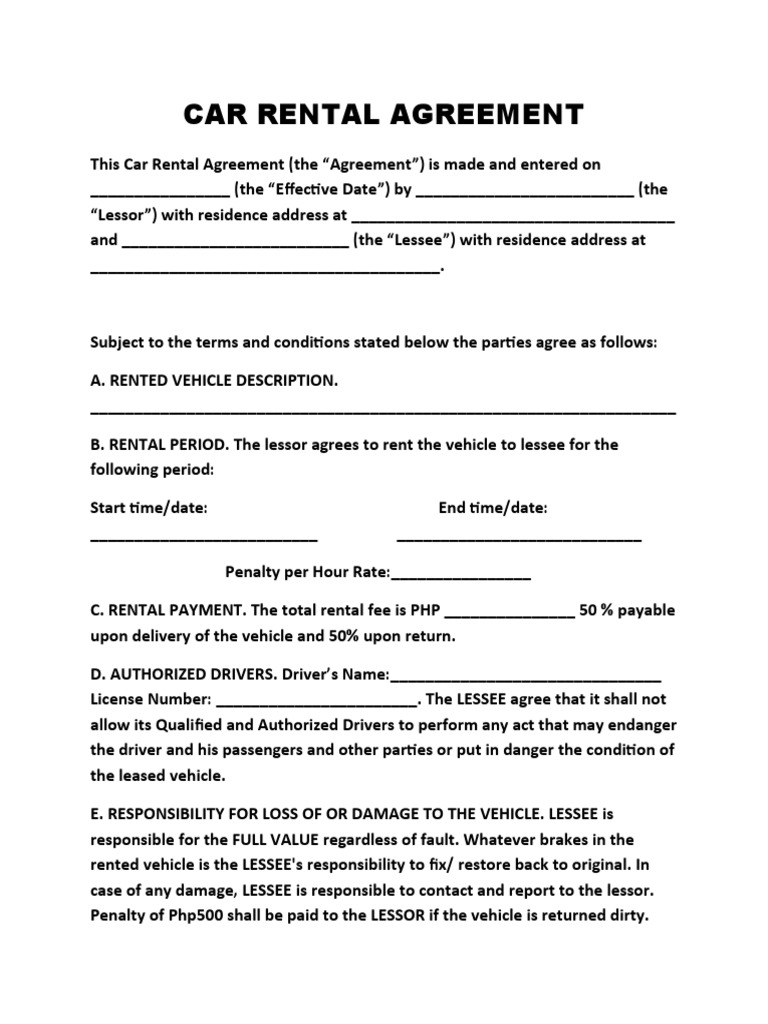 Car Rental Agreement  PDF  Lease  Renting Inside vehicle rental agreement template