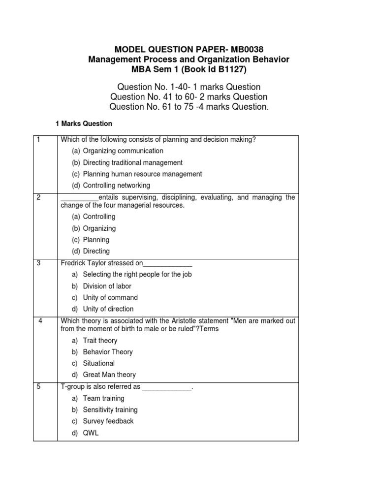 MBA Model Question Paper: MB0038 | PDF | Leadership | Emotions