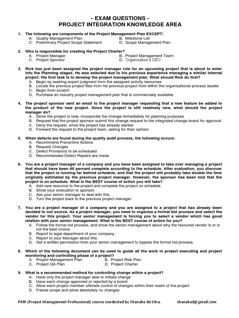 PMP Exam Questions: Integration Management | PDF | Project Management ...
