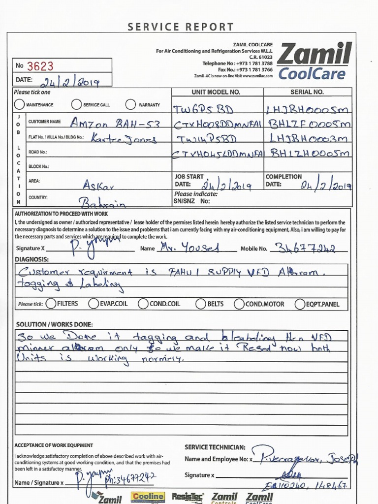 Zamil CoolCare - Service Report BAH053 | PDF