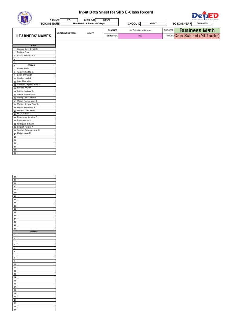 Input Data Sheet For Shs E Class Record