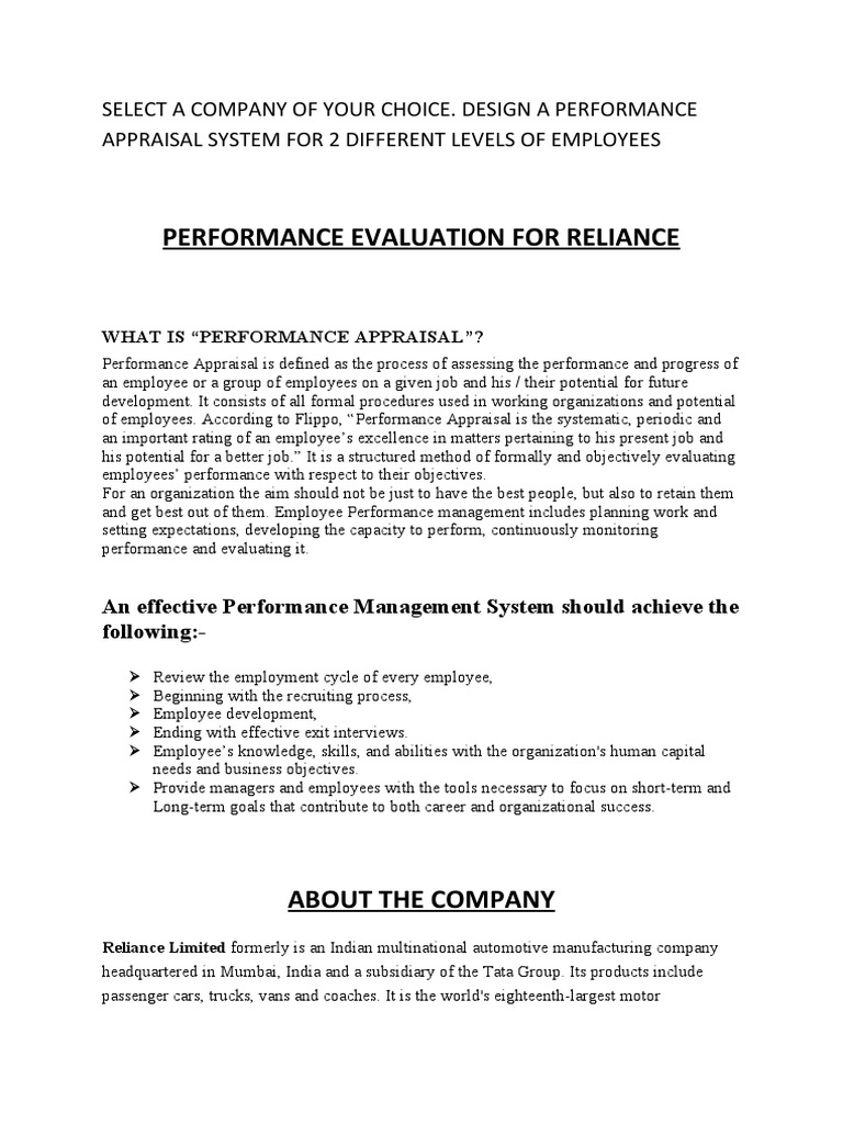 PERFORMANCE EVALUATION FOR Reliance | PDF | Performance Appraisal ...