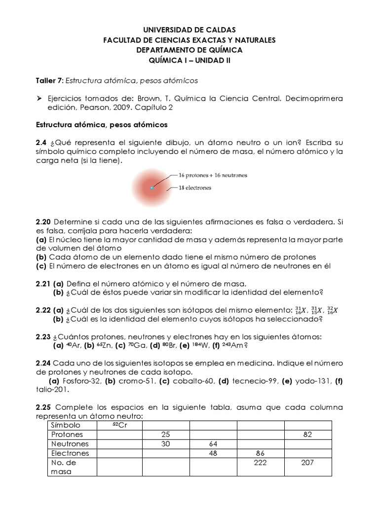 Unidad Ii Taller 7 Estructura Atomica Pesos Atomicos Isotopo Atomos
