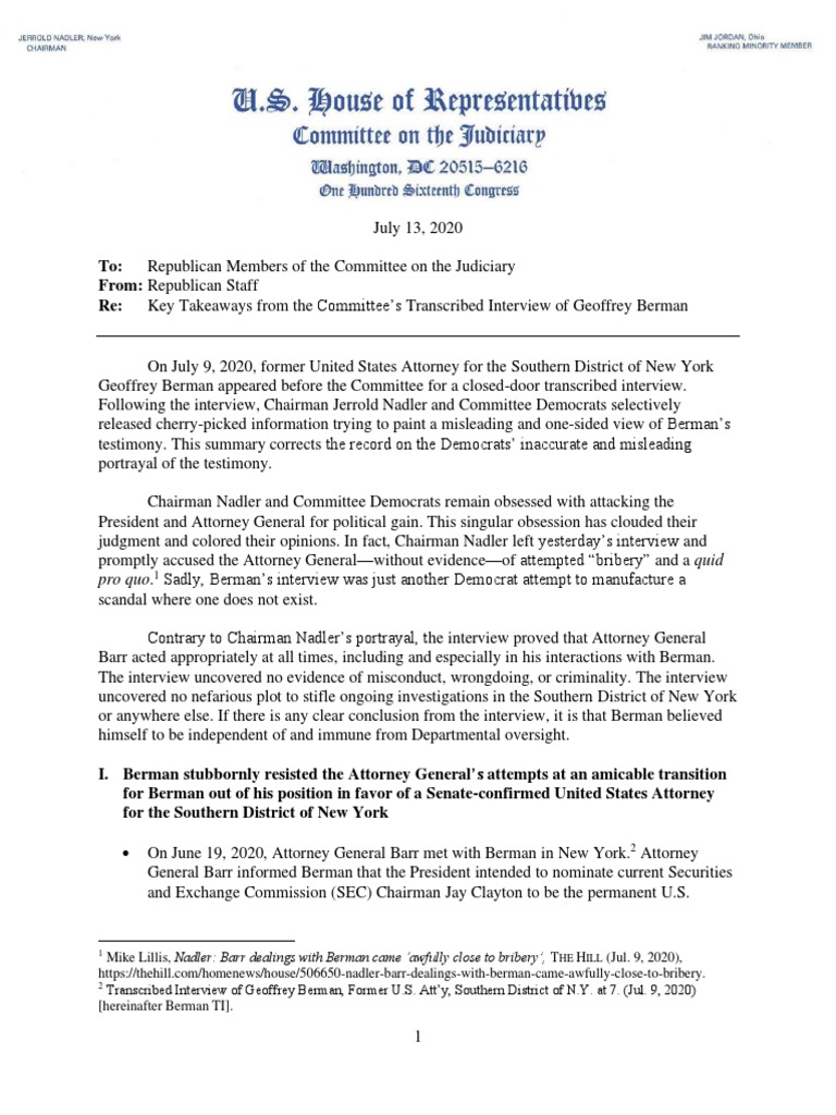 GOP Memo On House Judiciary Interview of Geoffrey Berman | PDF ...