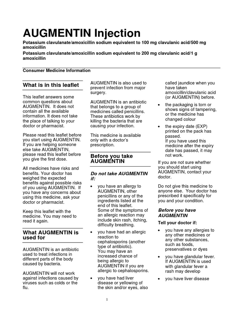 AUGMENTIN Injection: What Is in This Leaflet | PDF | Pharmacology | Drugs