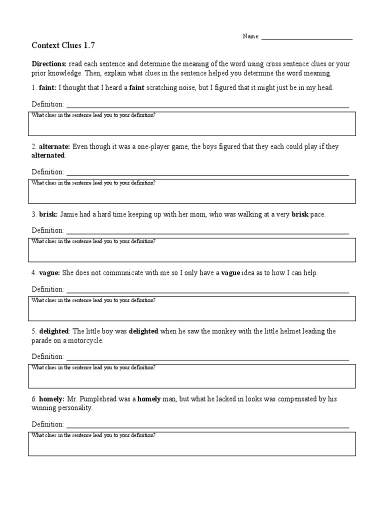 context clues worksheet 1 7 pdf