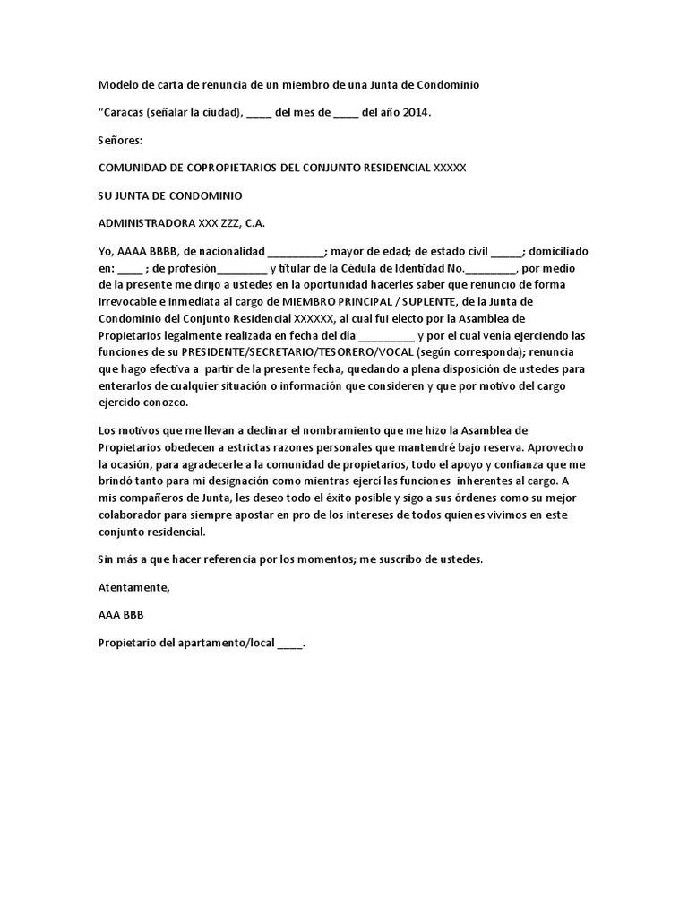 Modelo de Carta de Renuncia de Un Miembro de Una Junta de Condominio | PDF