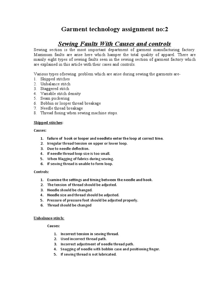 Sewing Faults With Causes and Controls Garment Technology Assignment