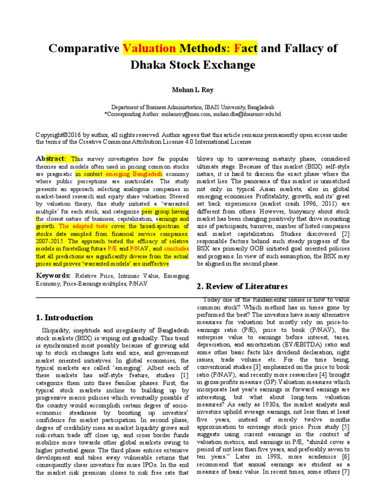 Comparative Methods Act and Fallacy of Dhaka Stock Exchange: Valuation ...
