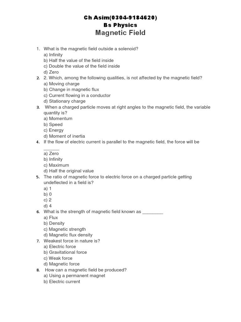 Magnetic Field Mcqs Pdf Magnetic Field Force