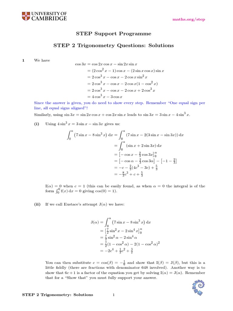 STEP Support Programme STEP 2 Trigonometry Questions: Solutions | PDF ...
