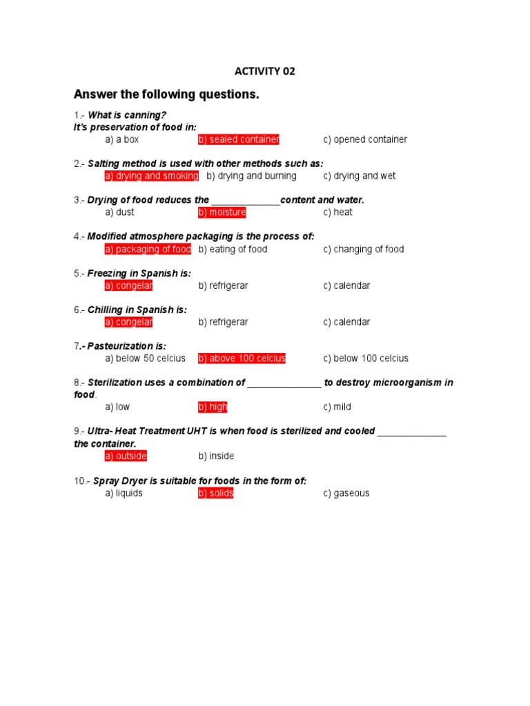 Activity 02 Answer The Following Questions. It's Preservation of Food