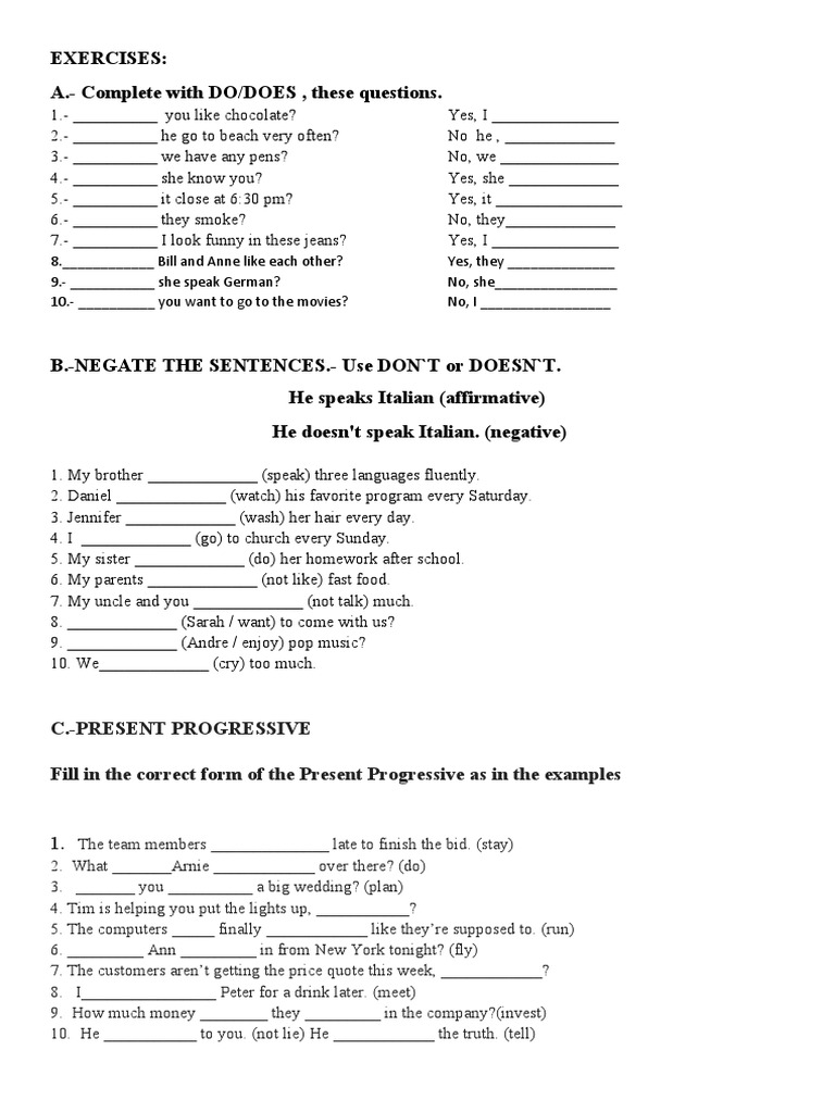 Exercises: A.-Complete With DO/DOES, These Questions | PDF | Language ...