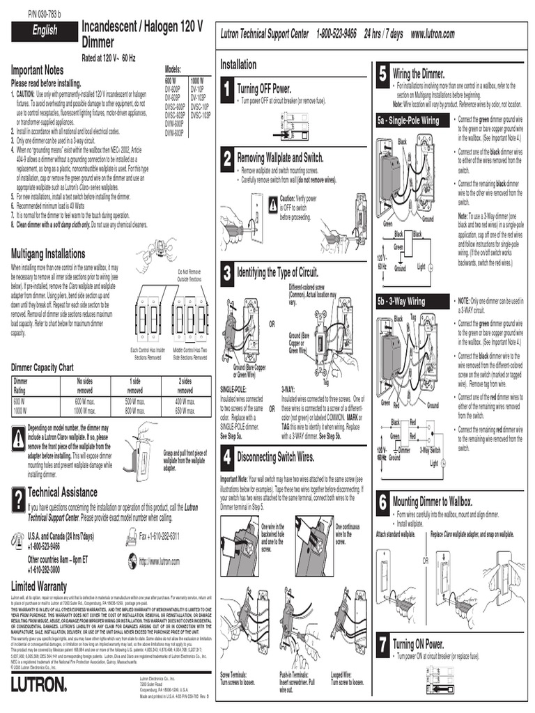 Incandescent / Halogen 120 V Dimmer English PDF Electrical Wiring