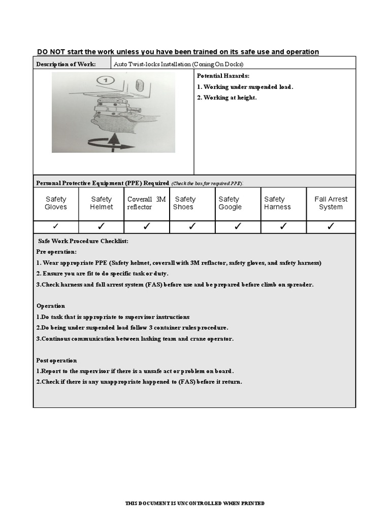 Safe Work Procedure for Auto Twist-locks | PDF | Personal Protective ...