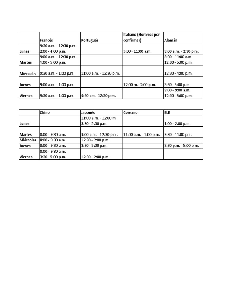 Language Class Schedule Overview | PDF | Language Arts & Discipline