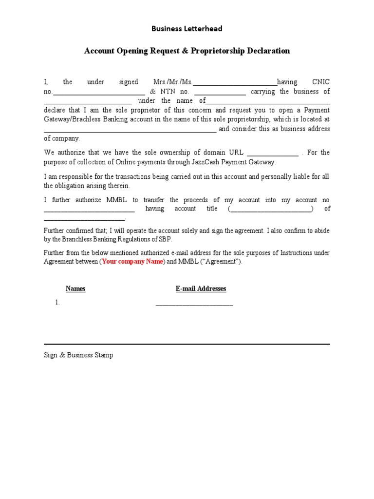 Sole Sole Proprietorship Declaration PDF