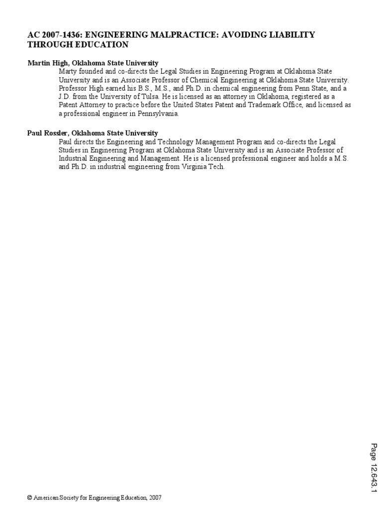 Ac 2007-1436: Engineering Malpractice: Avoiding Liability Through ...