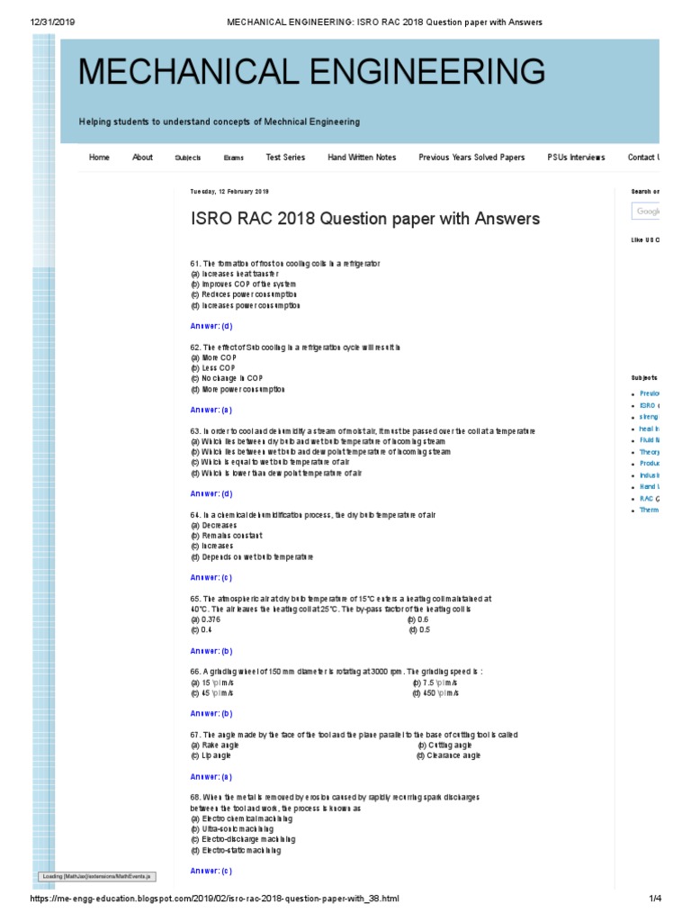 Mechanical Engineering Isro Rac 2018 4 Pdf Engineering