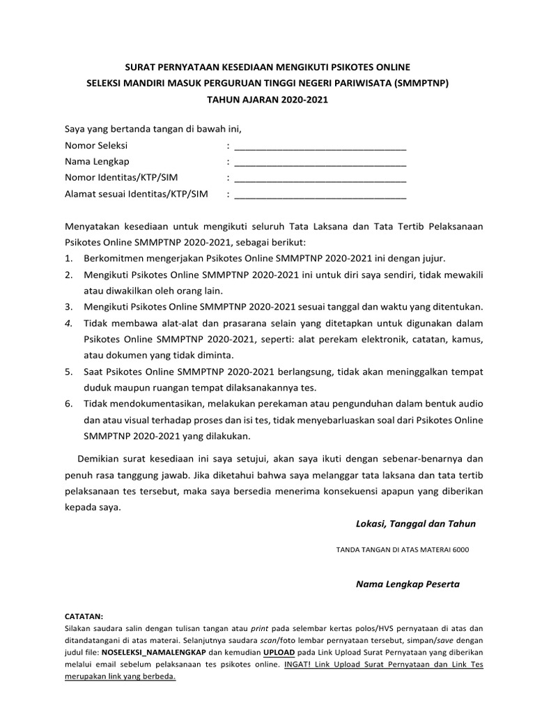 Surat Pernyataan Psikotes Online Smmptnp Pdf