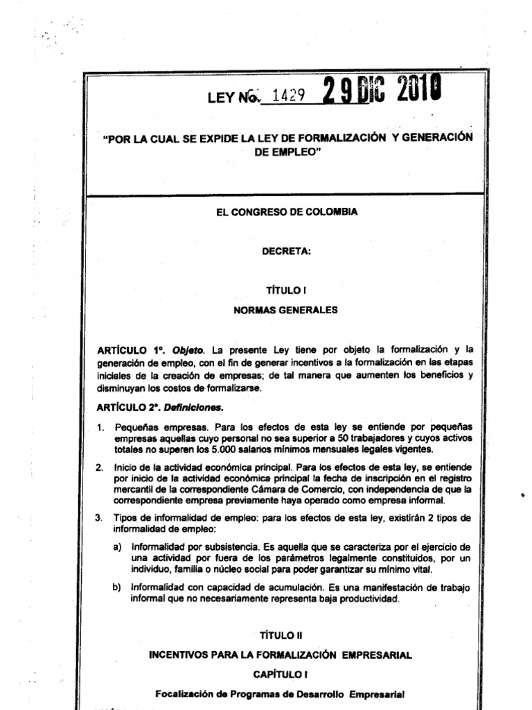 Ley 1429 de 2010 | PDF | Sociedad de responsabilidad limitada ...