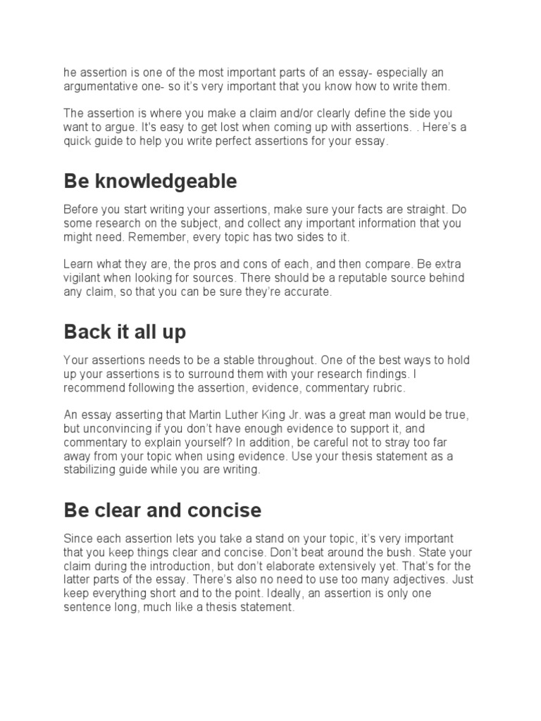 He Assertion Is One of The Most Important Parts of An Essay  PDF