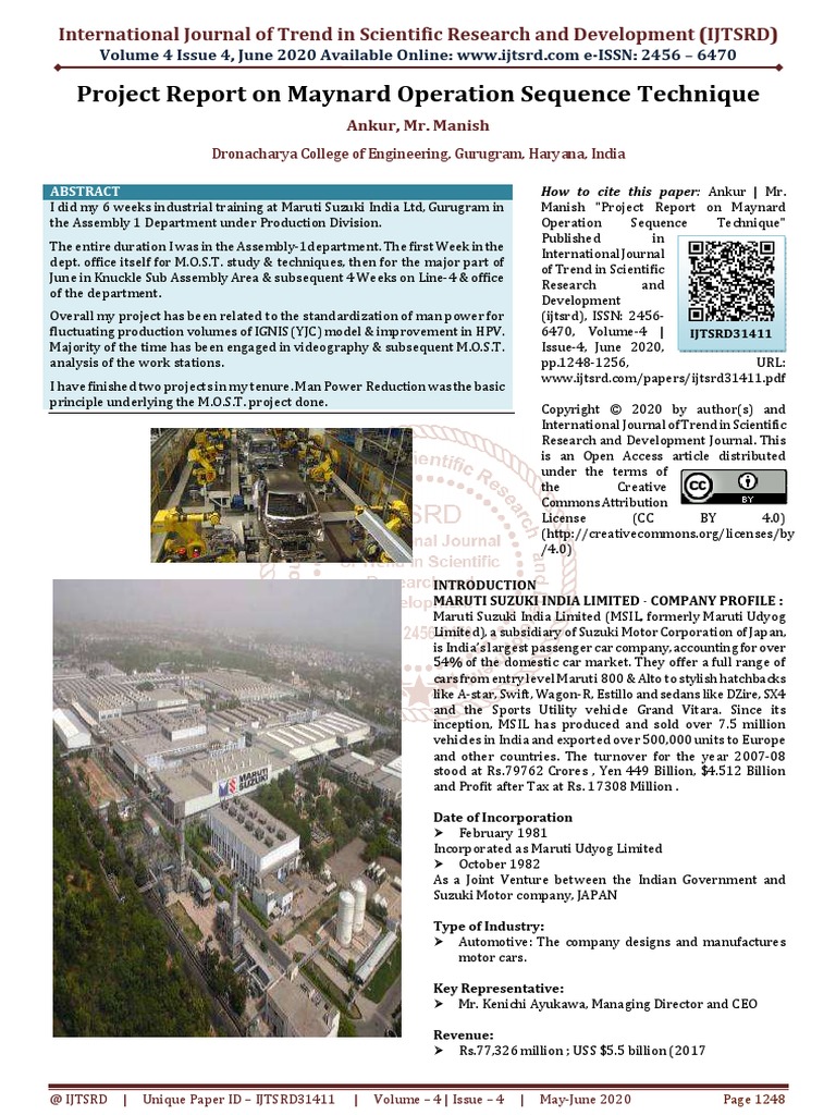Project Report On Maynard Operation Sequence Technique PDF Motor