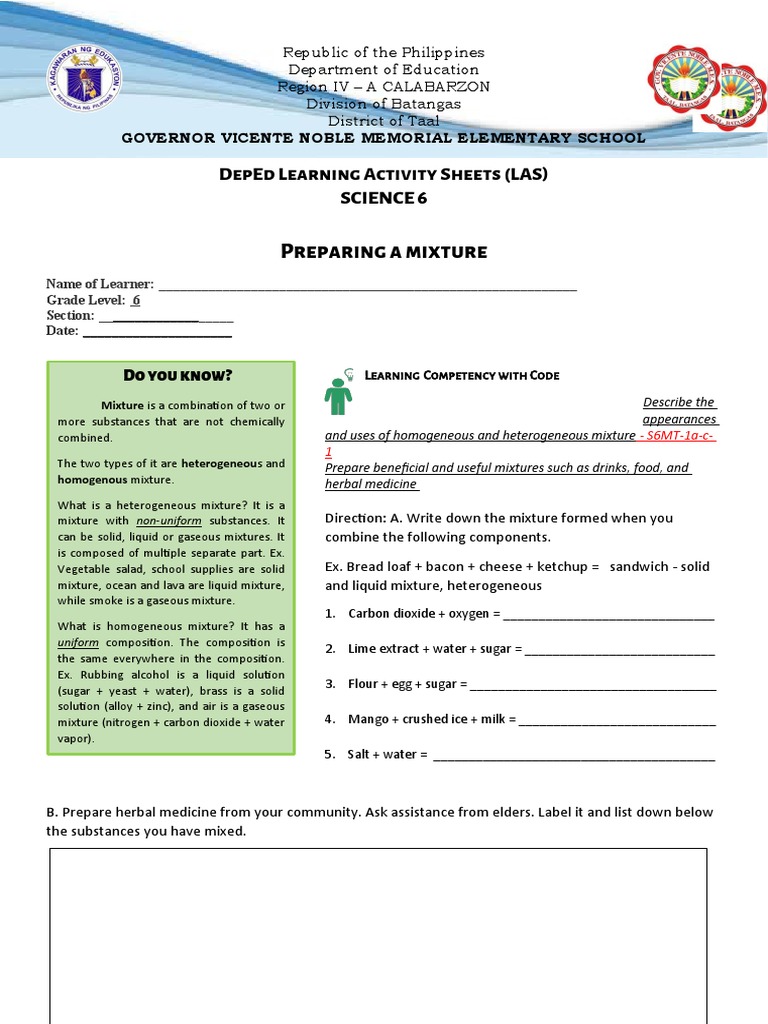 Preparing A Mixture: Deped Learning Activity Sheets (Las) Science 6 ...