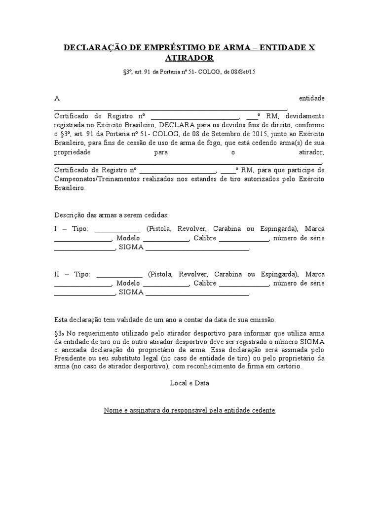 Modelo declaracao emprestimo arma port51 entidade x atirador 1 1 pdf
