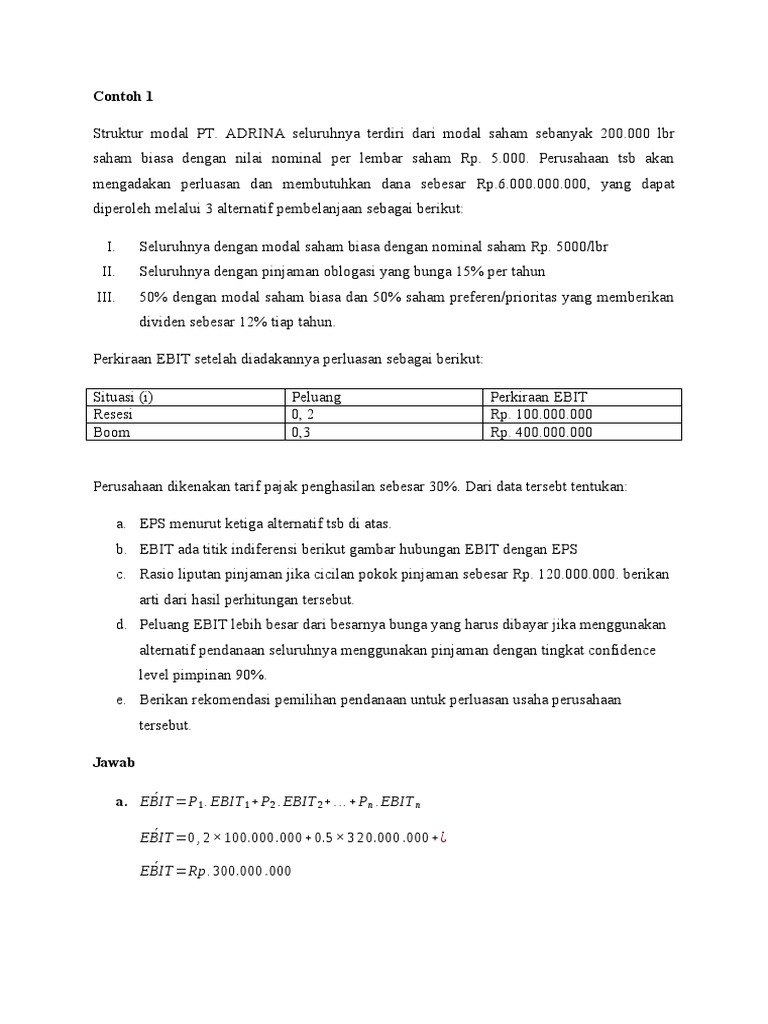 Analisis EBIT dan EPS Alternatif Pendanaan | PDF | Bisnis | Pengelolaan ...