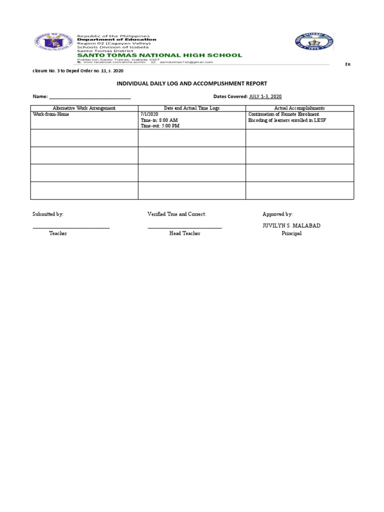 Daily Accomplishment Log Template | PDF