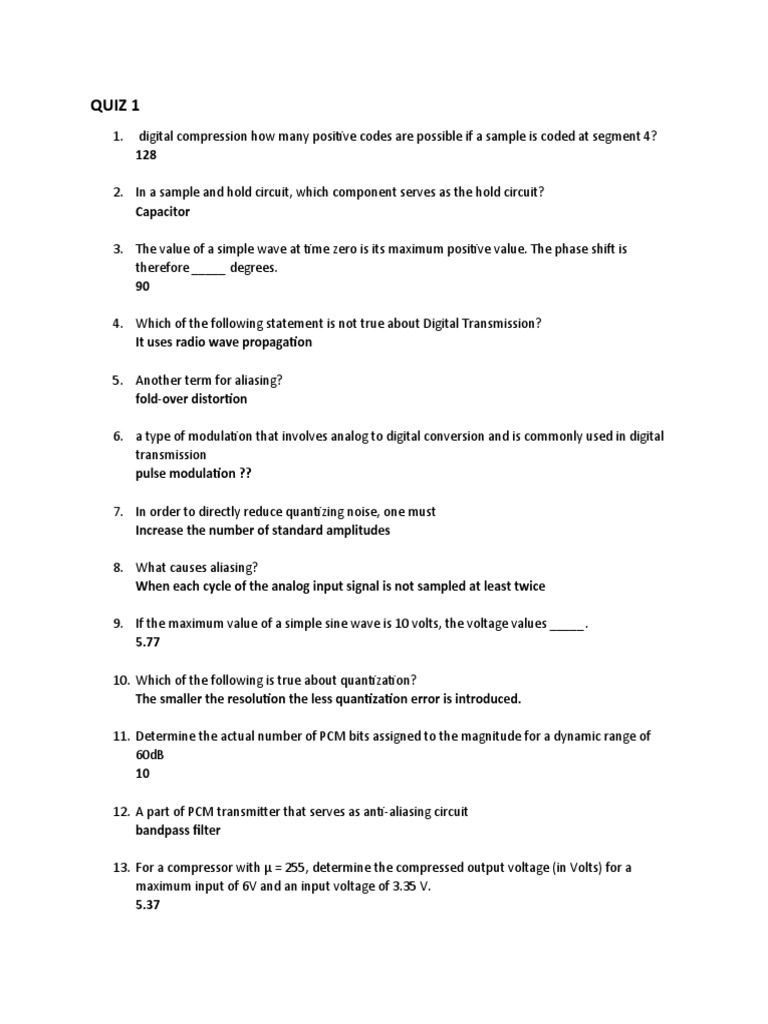 Quiz 1 PDF Analog To Digital Converter Sampling (Signal Processing)