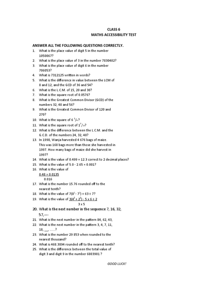 Class 6 Maths Accessibility Test | PDF | Teaching Methods & Materials