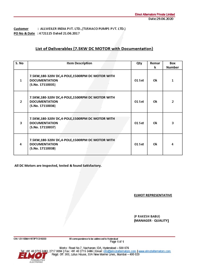 Elmot 7.5KW DC Motor Delivery Details | PDF