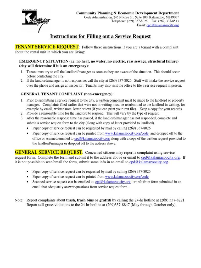 City of Kalamazoo Service Request PDF Landlord Leasehold Estate