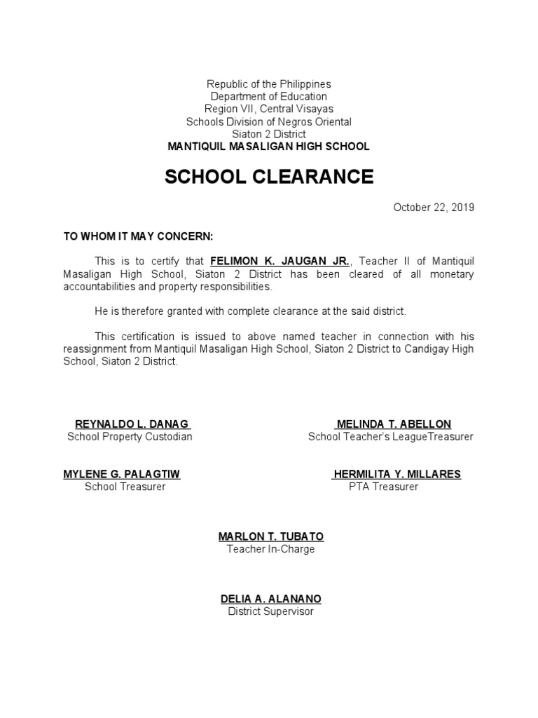 Certificate of Clearance: Teacher Felimon K Jaugan Jr Transfers from