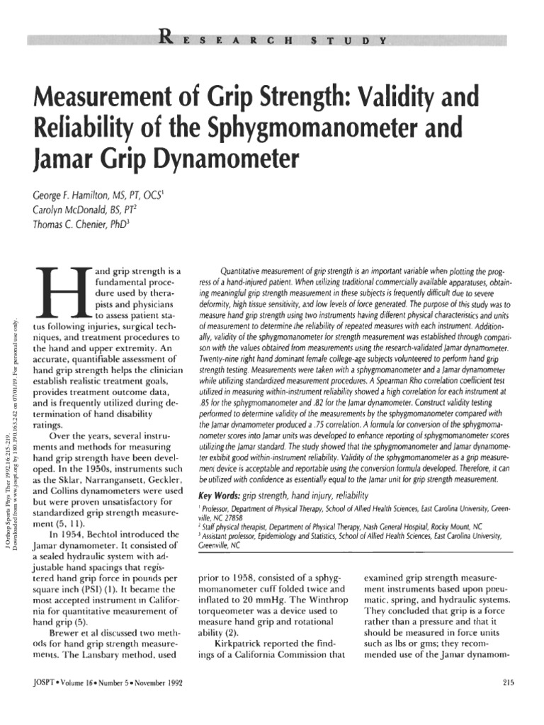 Measurement of Grip Strength Validity and Reliability of The Sphygmomanometer and Jamar Grip