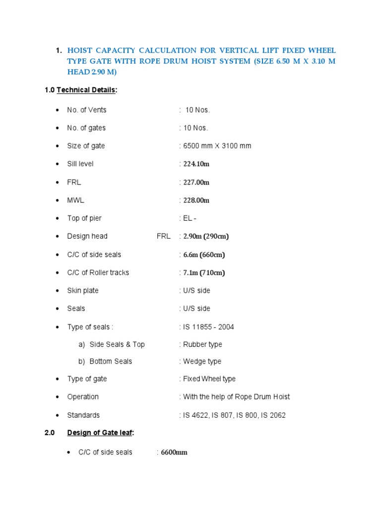Hoist Capacity Calculation For Vertical Lift Fixed Wheel Type Gate With