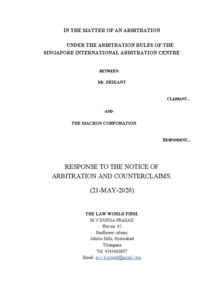 Response To The Notice of Arbitration and Counterclaims. (21-MAY-2020 ...