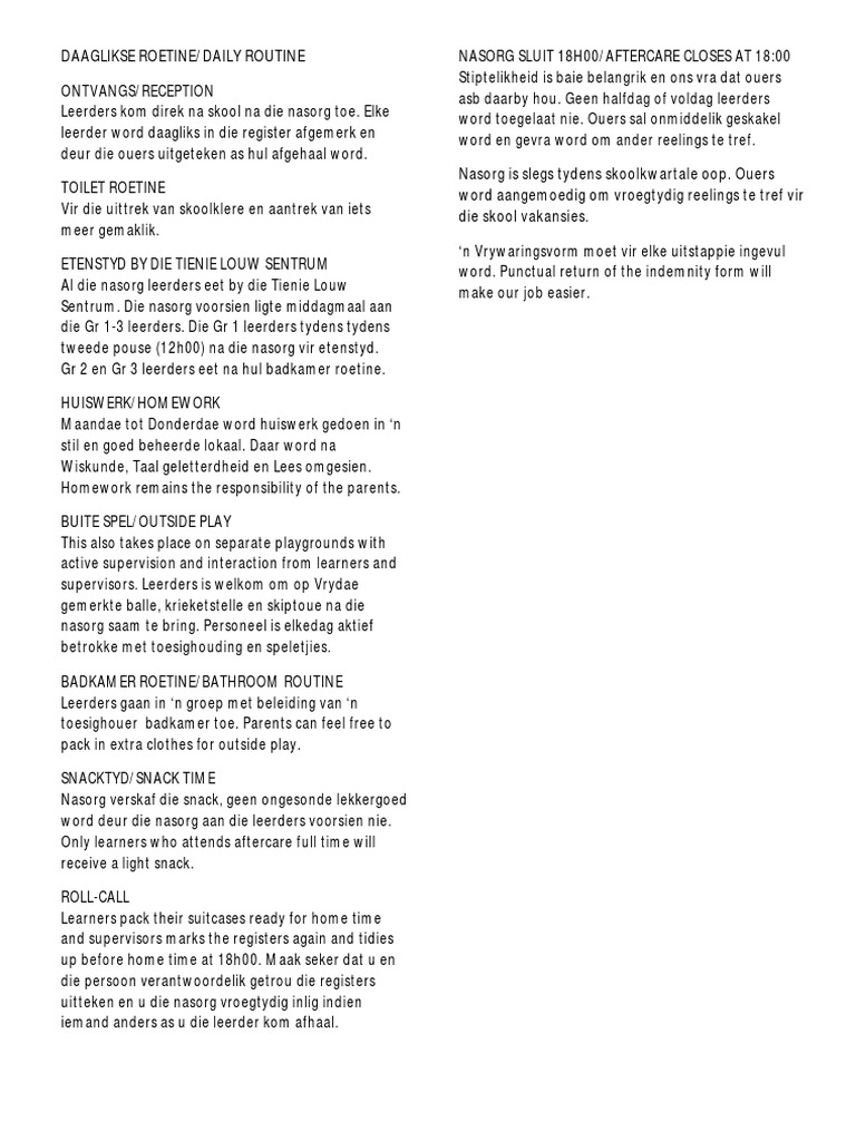 Daaglikse Roetine/Daily Routine | PDF