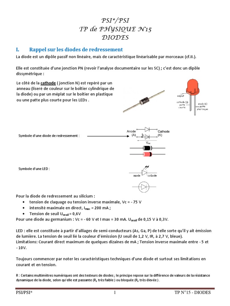 Les Diodes Et Leurs Applications Tp Corrigé TP 15 - Diodes PDF | PDF | Diode | Redresseur
