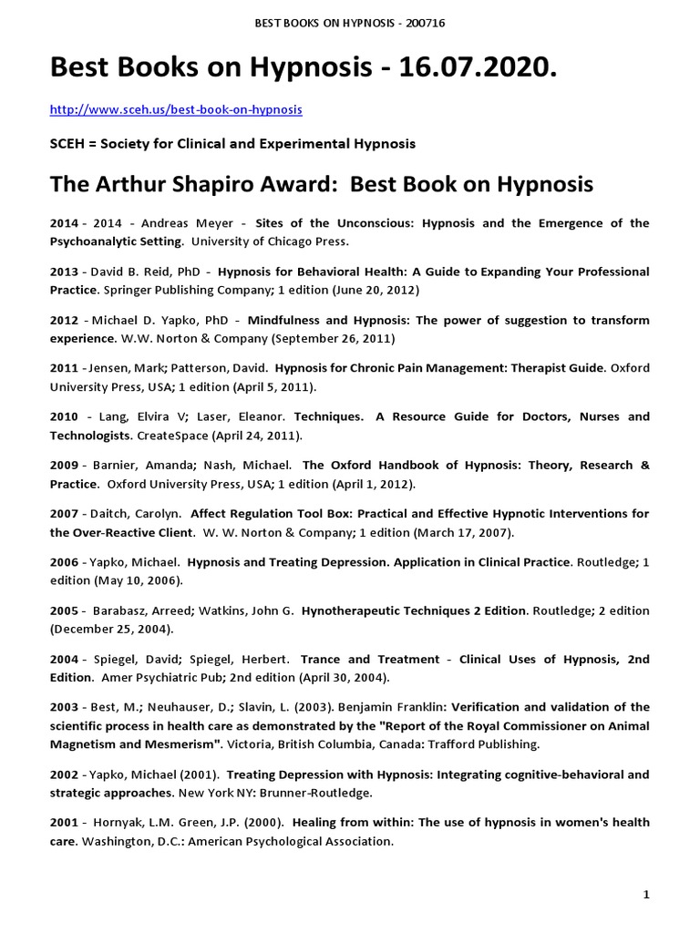 Best Books On Hypnosis 2020 PDF Hypnosis Hypnotherapy
