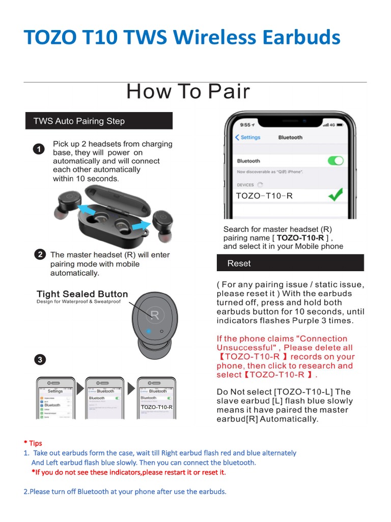 TOZO T10 TWS Earbuds Manual & Tips PDF