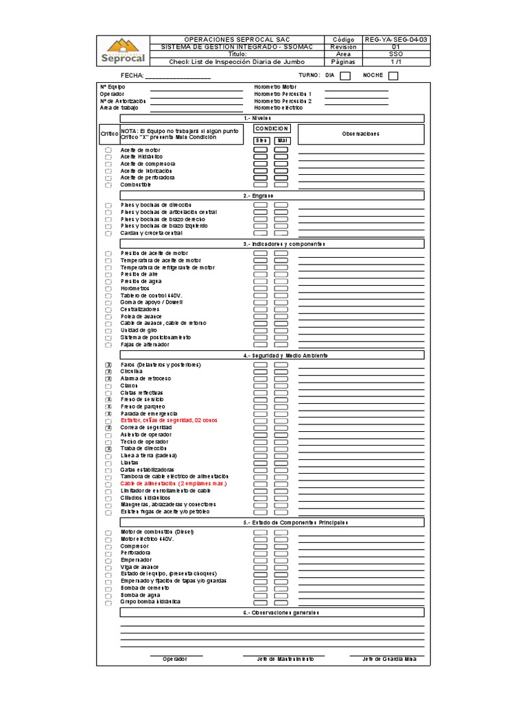 Check List Inspección Jumbo Diario | PDF | Aceite de motor | Ingeniería ...