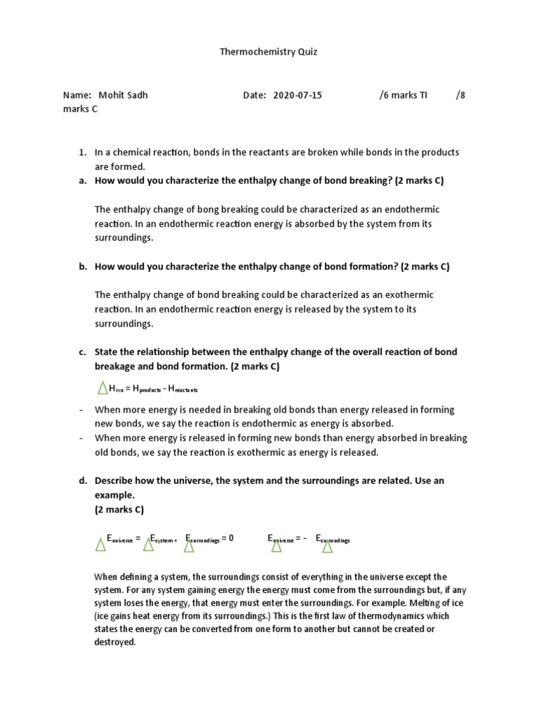 Thermochemistry Quiz PDF Enthalpy Chemical Reactions