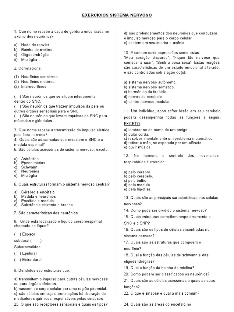 Exercícios sobre o Sistema Nervoso | PDF | Sistema nervoso central | Nervo