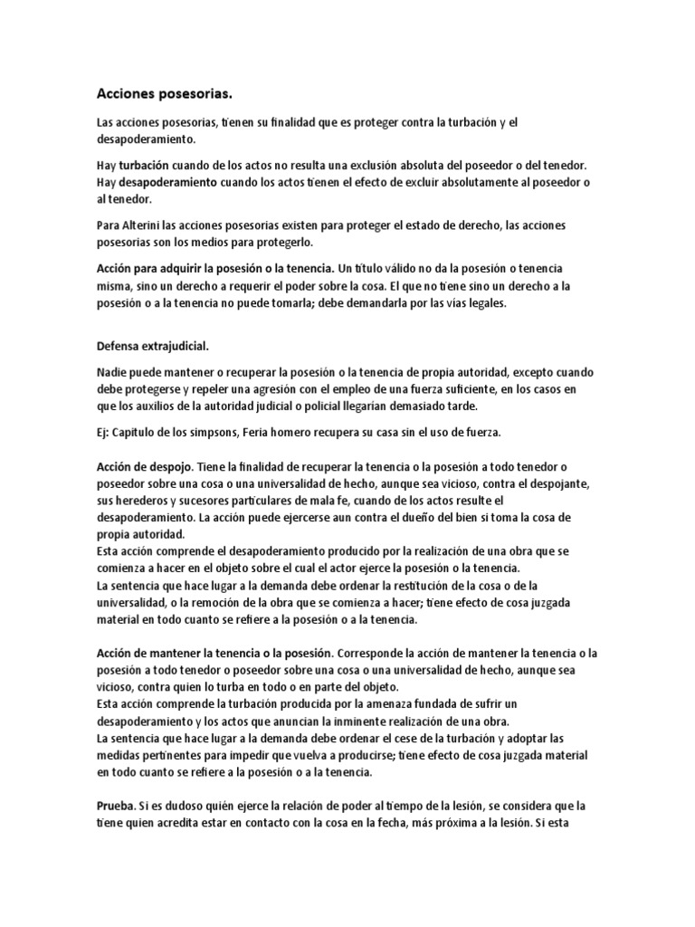 Acciones Posesorias en el Código Civil | PDF | Posesión (Ley) | Res ...