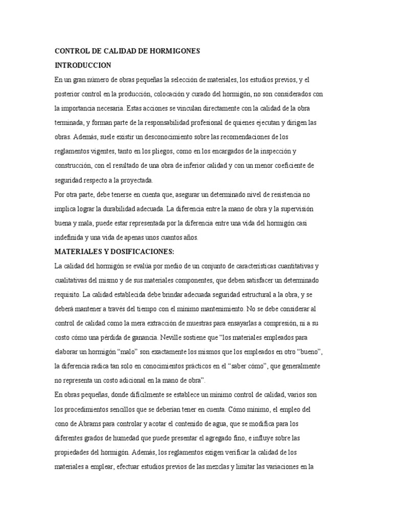 Control de Calidad del Hormigón en Obra | PDF | Hormigón | Cemento