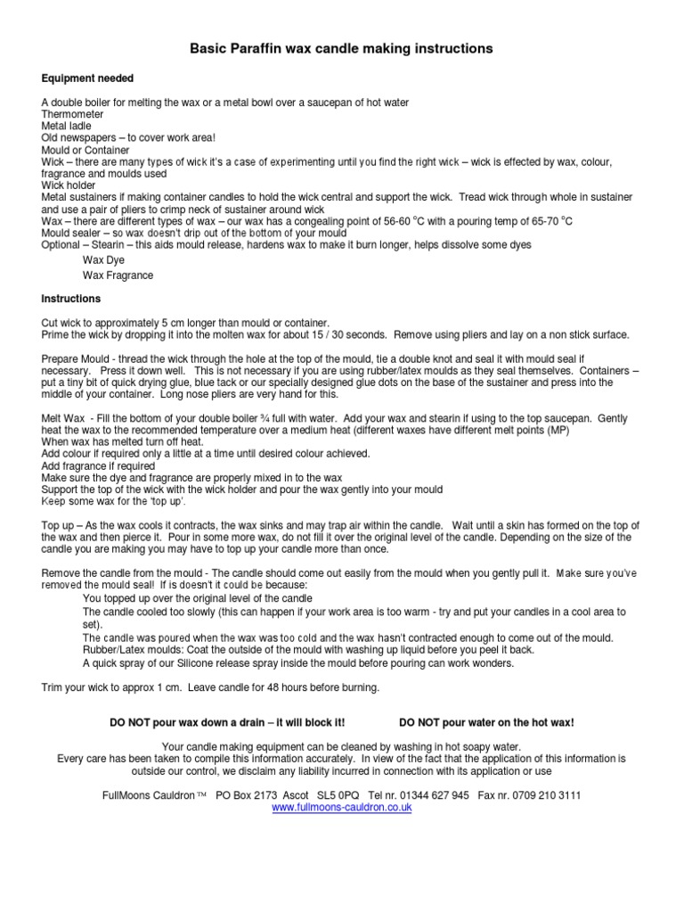 Basic Paraffin Wax Candle Making Instructions PDF Candle Wax
