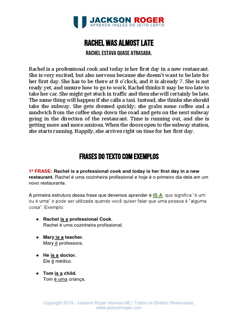 Texto 1 Rachel Was Almost Late | PDF | Palavra | Língua inglesa